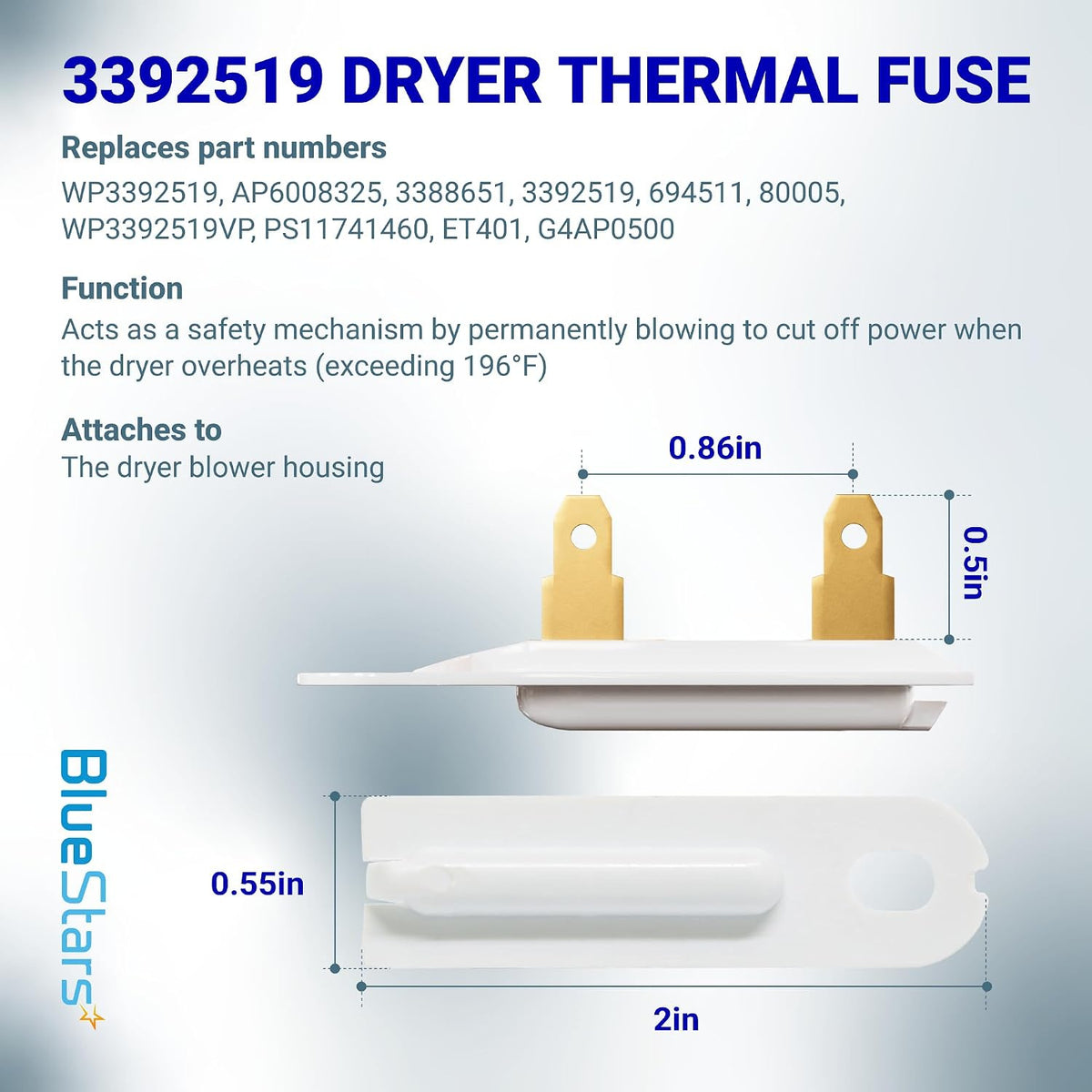 3392519 dryer thermal fuse, dimension diagram with 0.86in, 0.5in, 0.55in and 2in labels