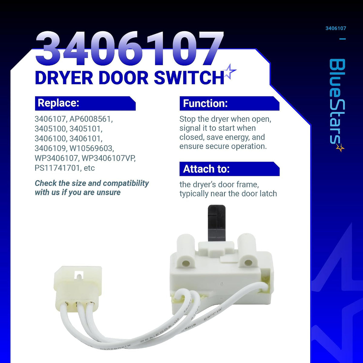3406107 dryer door switch replacement diagram with switch photo, replacement numbers, function, and attachment details