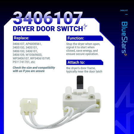 3406107 dryer door switch replacement diagram with switch photo, replacement numbers, function, and attachment details