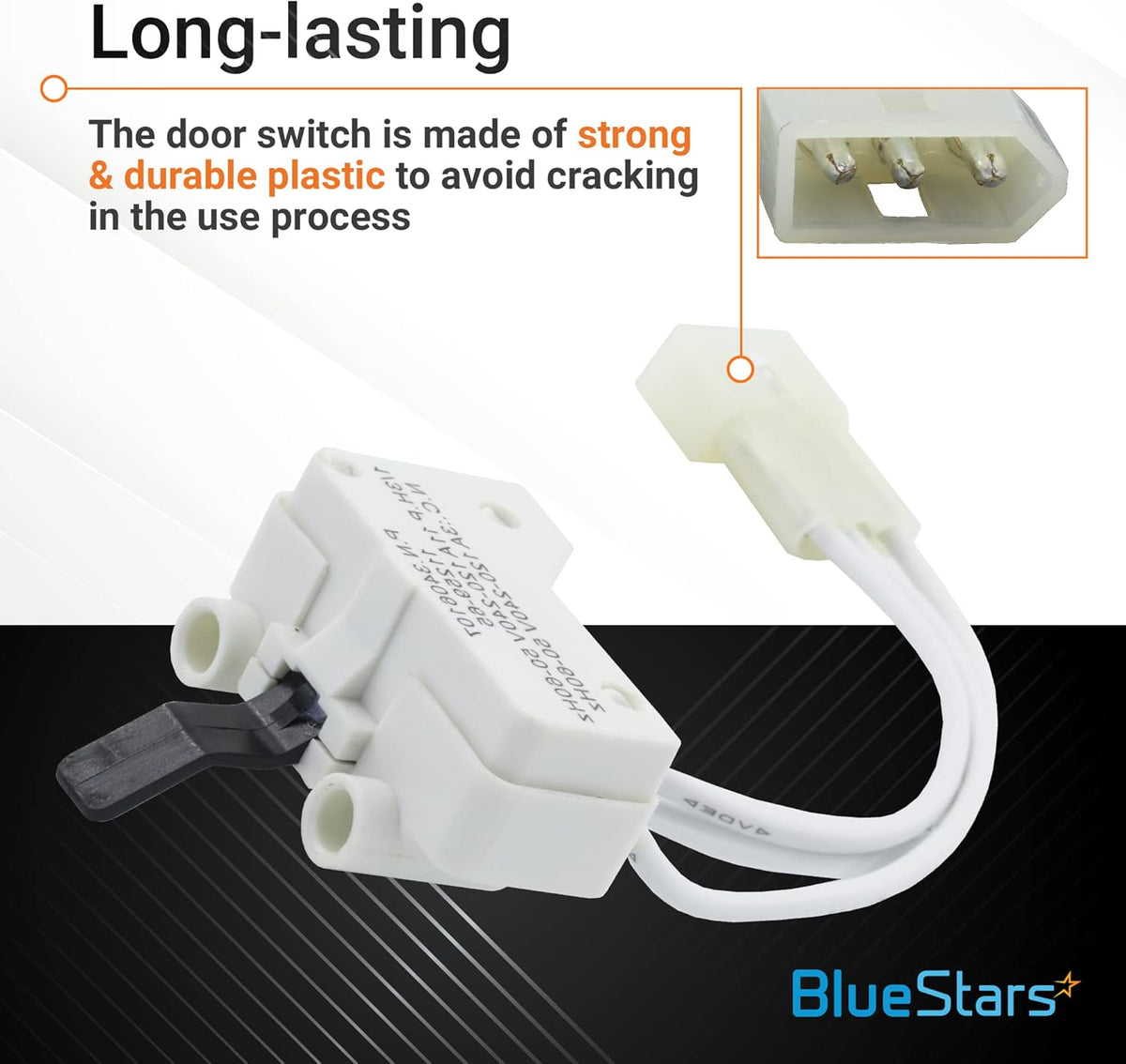 Durable plastic door switch replacement for Whirlpool and Kenmore dryers with close-up of wire connector.