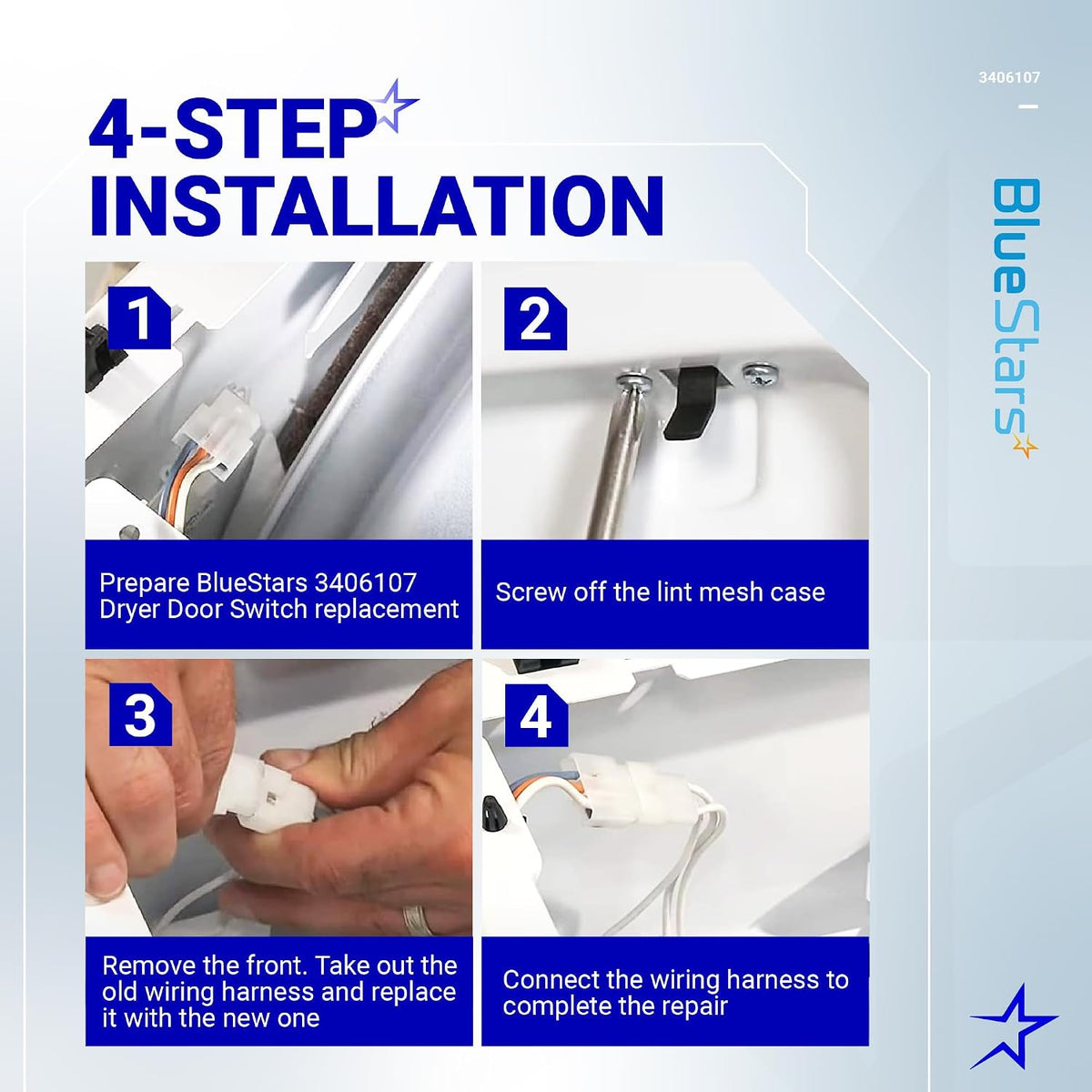 3406107 Dryer door switch, four-step installation guide showing removal, replacement, and wiring connection