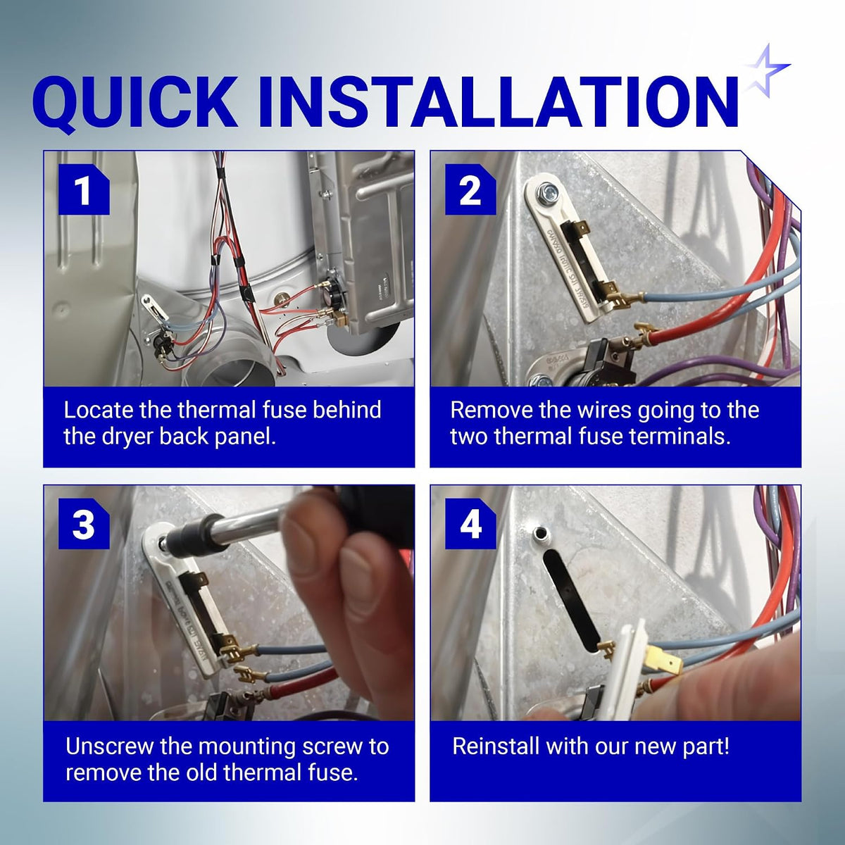 3392519 PO2 & 3406107 Dryer Thermal Fuse and Door Switch Set, four-step thermal fuse installation guide