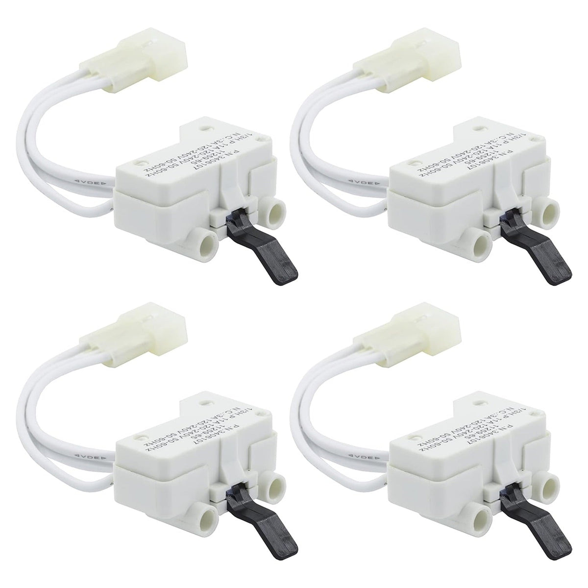 Set of four WP3406107 dryer door switches for Whirlpool, Maytag, and Kenmore dryers.