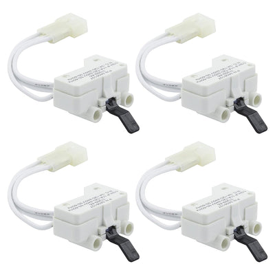 Set of four WP3406107 dryer door switches for Whirlpool, Maytag, and Kenmore dryers.