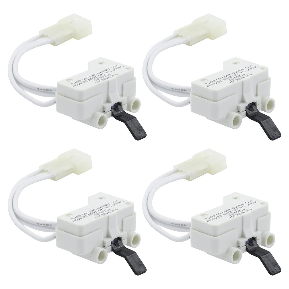 Set of four WP3406107 dryer door switches for Whirlpool, Maytag, and Kenmore dryers.