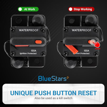 Diagram showing 150A waterproof circuit breaker with push-button reset and kill switch functionality.