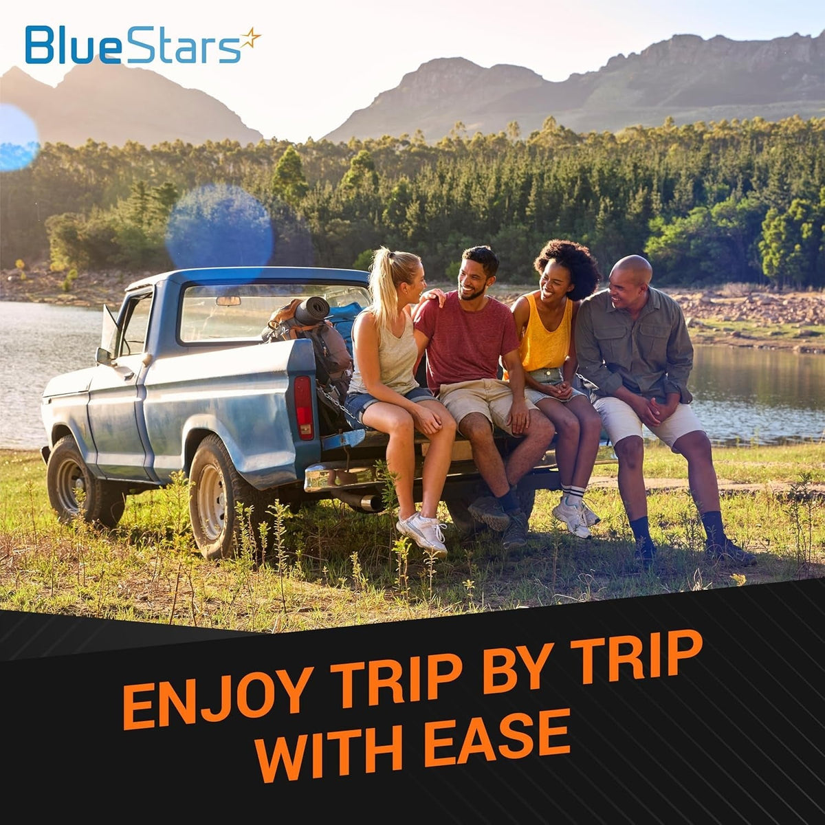 BlueStars lifestyle graphic featuring a group of friends sitting on a truck tailgate by a lake.