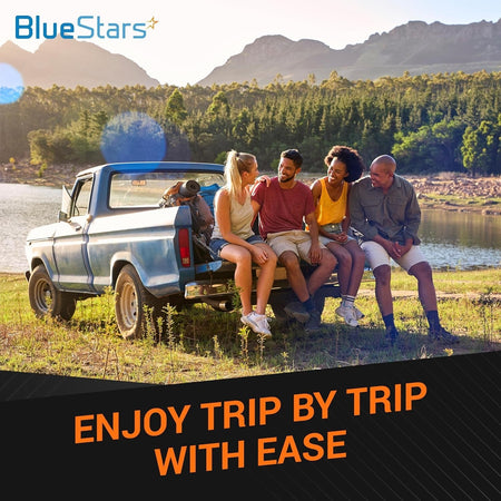 BlueStars lifestyle graphic featuring a group of friends sitting on a truck tailgate by a lake.