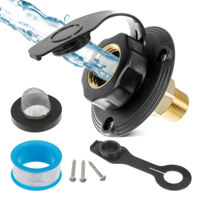 RV city water inlet with black flange, check valve, mesh filter, mounting screws, and plumbing tape.