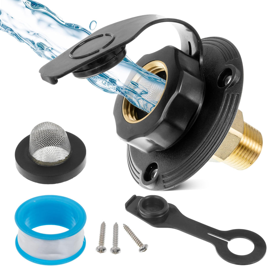 RV city water inlet with black flange, check valve, mesh filter, mounting screws, and plumbing tape.
