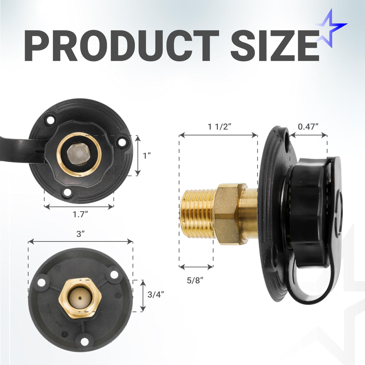 Dimensional diagram of RV city water inlet with brass flange and check valve showing product measurements.