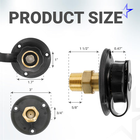 Dimensional diagram of RV city water inlet with brass flange and check valve showing product measurements.