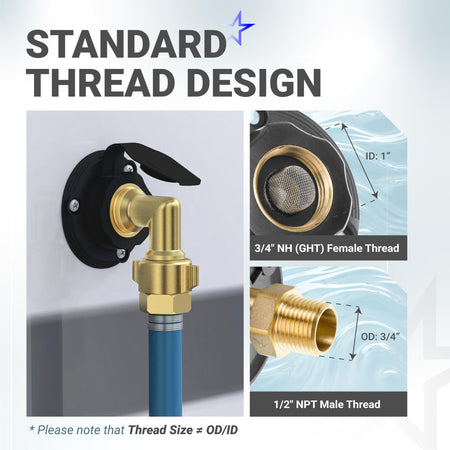 RV city water inlet showing 3/4 inch NH female and 1/2 inch NPT male thread dimensions and standard design.
