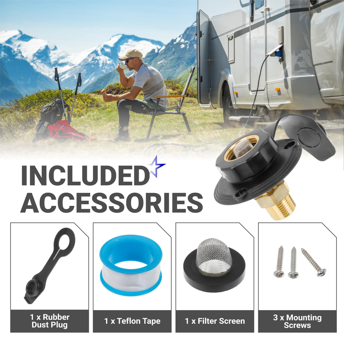 RV city water inlet with black flange and included accessories like dust plug, Teflon tape, filter screen, and screws.