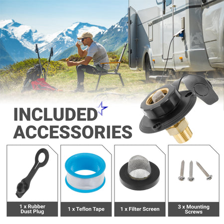 RV city water inlet with black flange and included accessories like dust plug, Teflon tape, filter screen, and screws.
