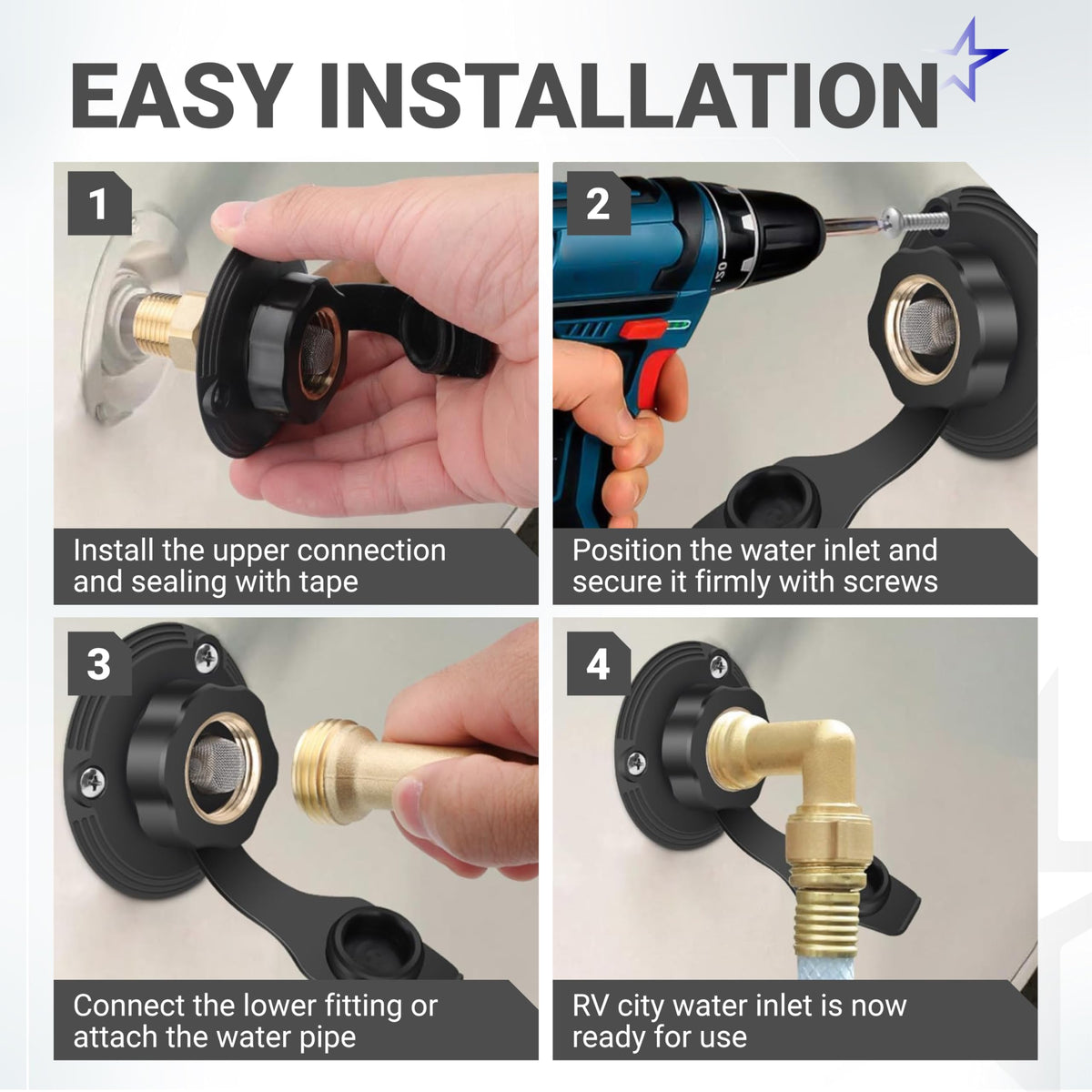 Four-step installation guide for RV city water inlet with black flange and brass check valve.