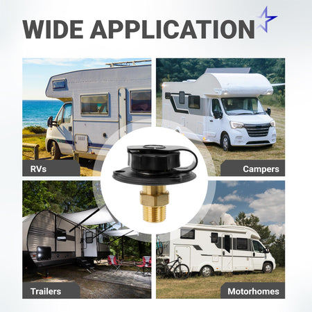 RV city water inlet with black flange and brass check valve shown in a collage with various recreational vehicles.