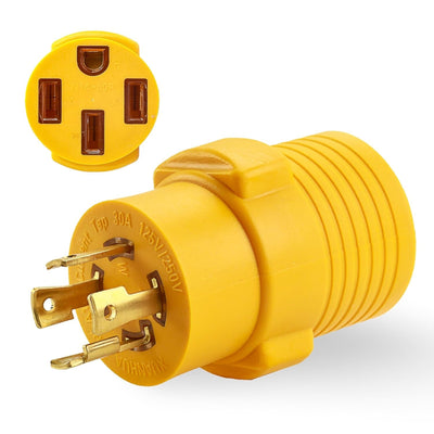 L14-30P to 14-50R adapter showing the male plug side and the female N14-50R receptacle face.