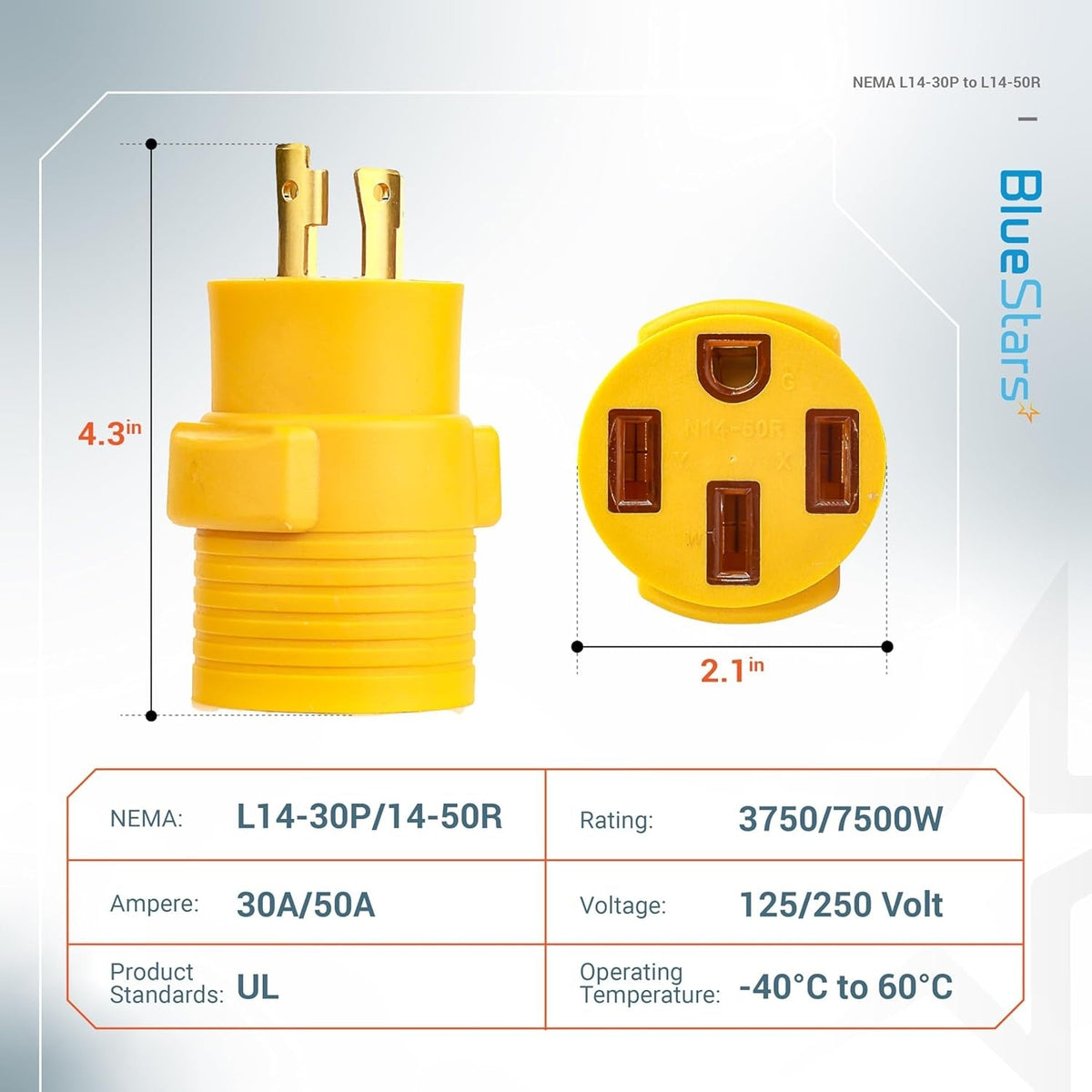 L14-30P to 14-50R power adapter showing dimensions and technical specifications.
