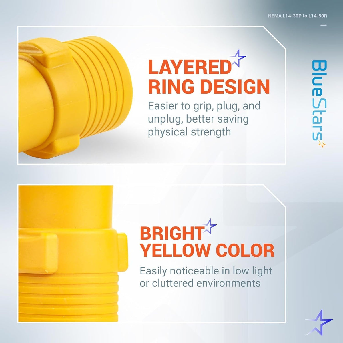 Close-up of L14-30P to 14-50R adapter showing layered ring grip design and bright yellow safety color.
