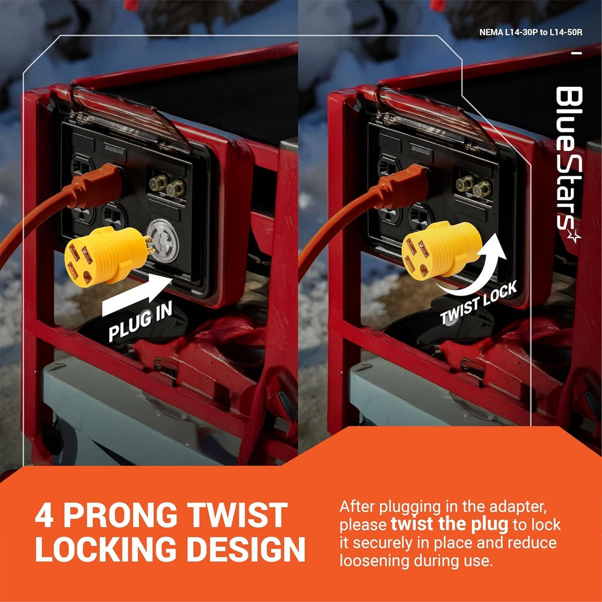 Instructional graphic showing how to plug in and twist lock the L14-30P to 14-50R generator power adapter.