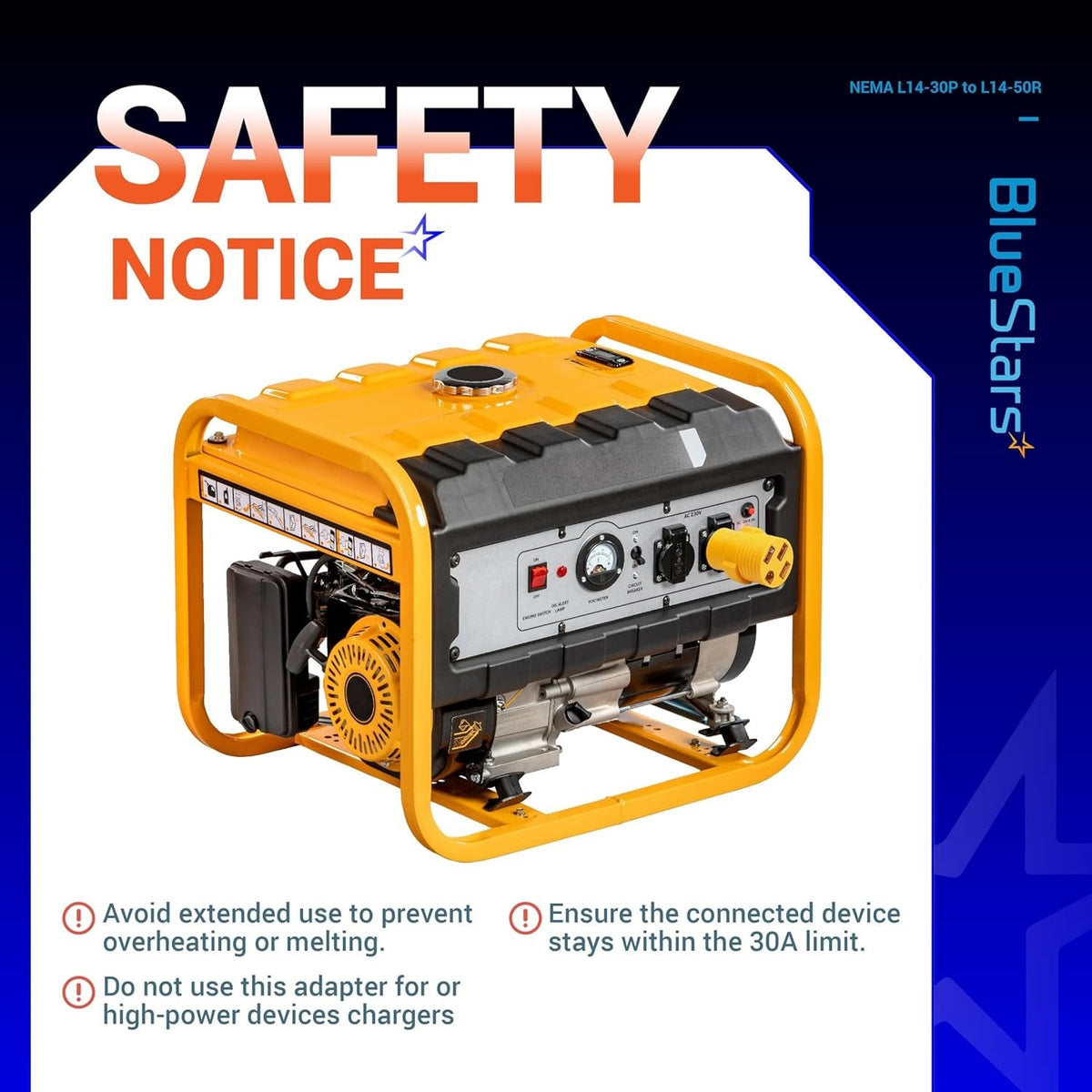 L14-30P to 14-50R adapter plugged into a portable generator for a safety notice graphic.