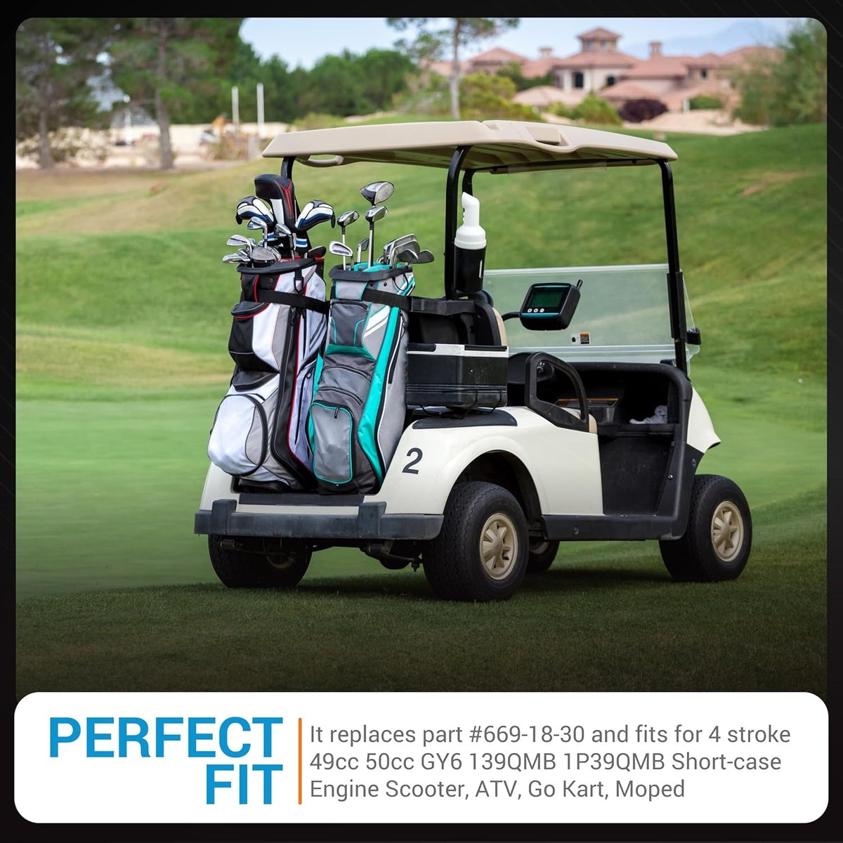 Golf cart on a course with text overlay detailing compatibility for 101916701 replacement starter generator belt.