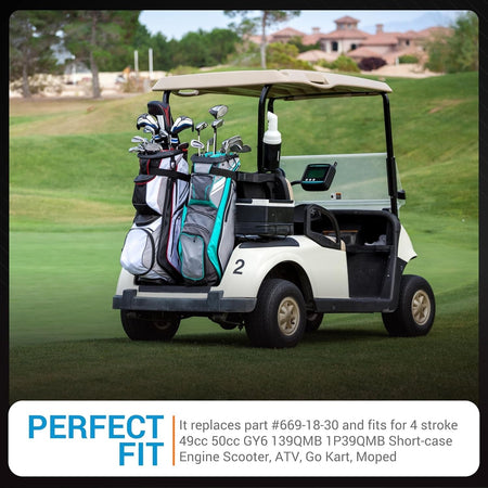 Golf cart on a course with text overlay detailing compatibility for 101916701 replacement starter generator belt.