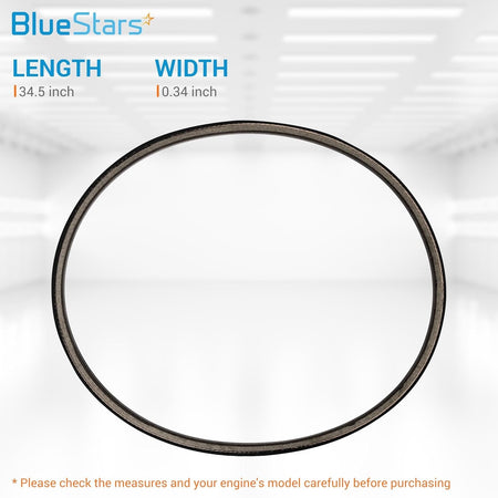 101916701 replacement starter generator belt showing 34.5 inch length and 0.34 inch width specifications.