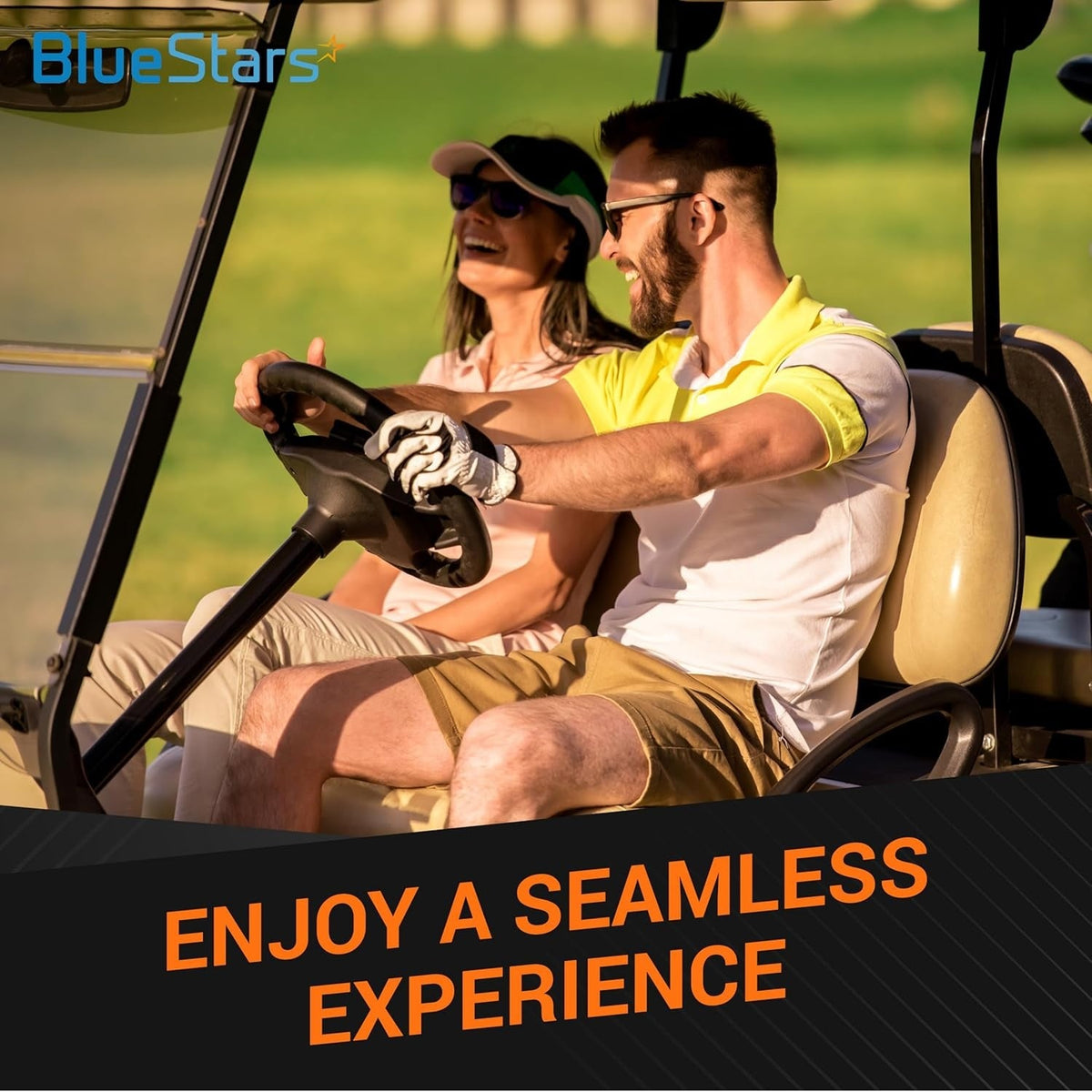 Couple driving a golf cart to represent the reliable performance of a 101916701 replacement starter generator belt.