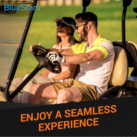 Couple driving a golf cart to represent the reliable performance of a 101916701 replacement starter generator belt.
