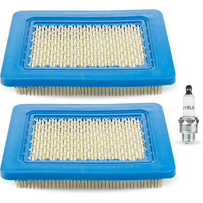 Two rectangular blue lawn mower air filters and one J19LM spark plug for push mowers.