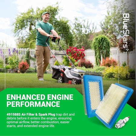 491588S air filters and 5062K spark plug set for lawn mower engine maintenance and performance.