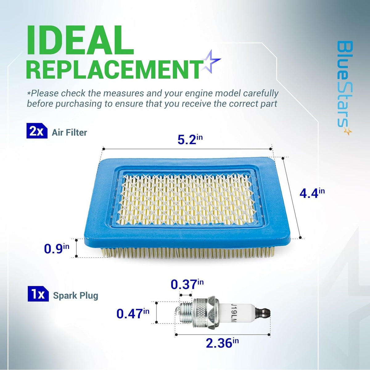 Dimensional diagram of 491588S air filter and 5062K spark plug for lawn mower engines with labeled measurements.