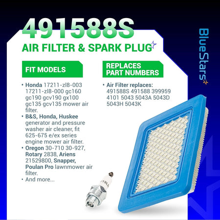 491588S air filter and spark plug replacement kit with compatibility and part number information graphic.