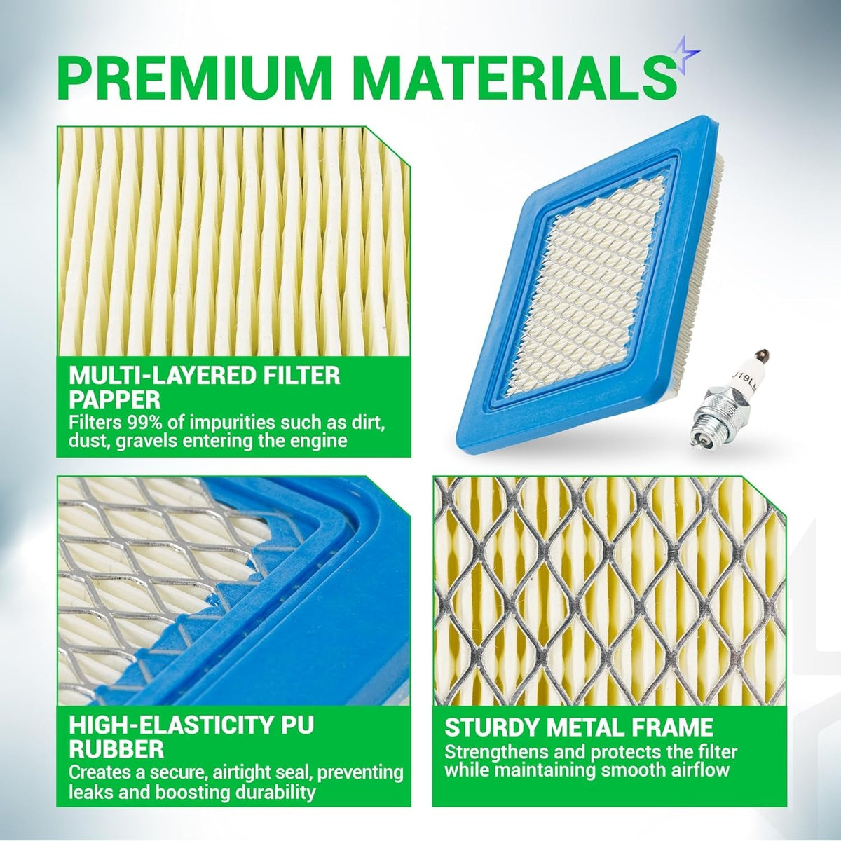 Infographic showing premium material details of 491588S air filter and 5062K spark plug for lawn mowers.