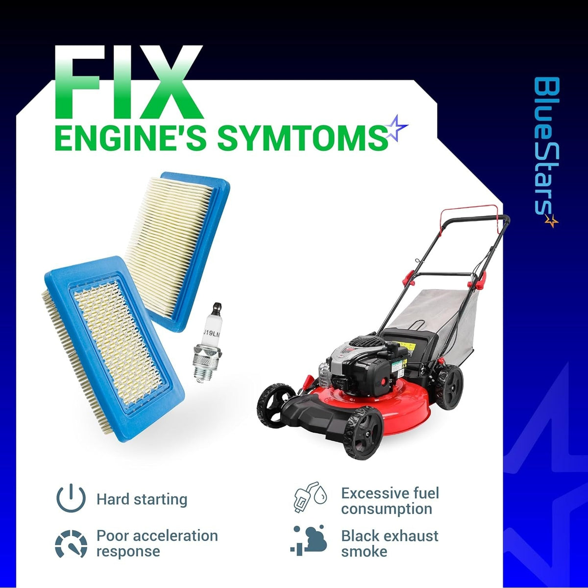 491588S air filters and 5062K spark plug kit for push lawn mowers with engine symptom troubleshooting guide.
