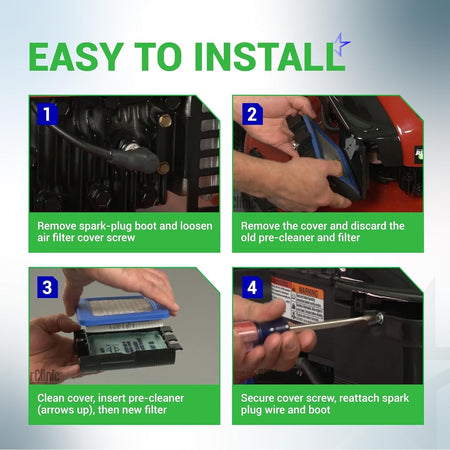 Four-step installation guide for lawn mower air filter and spark plug replacement.