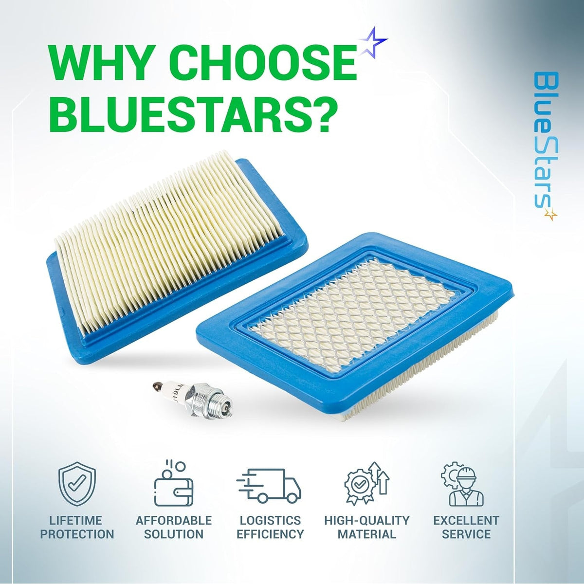 Two 491588S lawn mower air filters and one 5062K spark plug on a BlueStars branded promotional background.