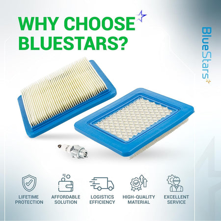 Two 491588S lawn mower air filters and one 5062K spark plug on a BlueStars branded promotional background.