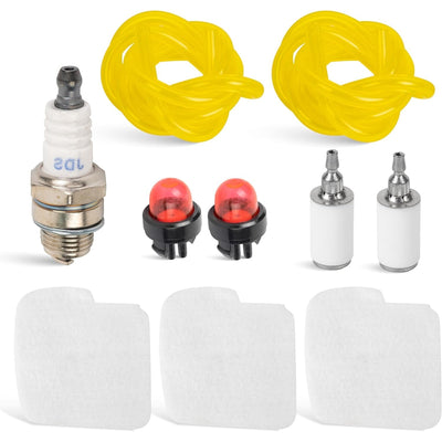Tune-up kit for Poulan chainsaws including air filters, spark plug, fuel lines, fuel filters, and primer bulbs.