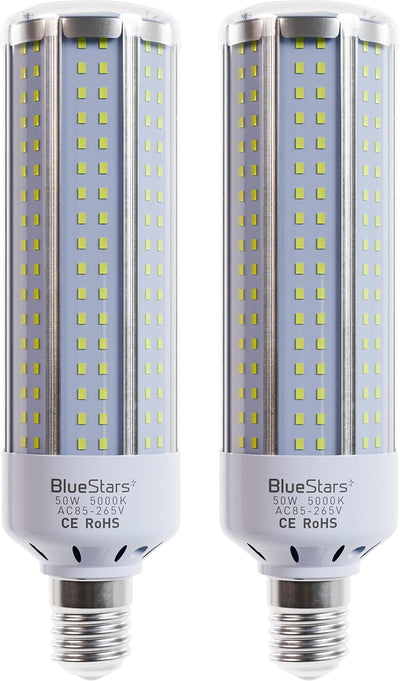 Two 50W E26 LED corn light bulbs with 5000K daylight output and E27 base.