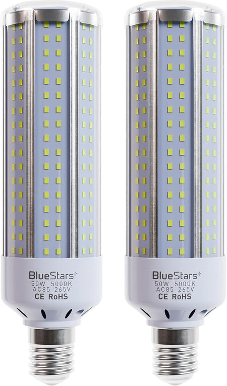 Two 50W E26 LED corn light bulbs with 5000K daylight output and E27 base.