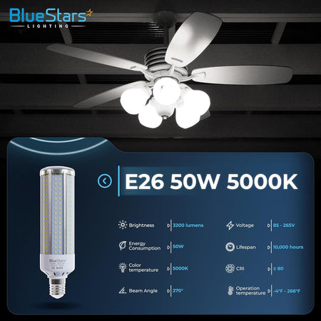 50W E26 LED corn light bulb with 5000K daylight output and technical specification infographic.
