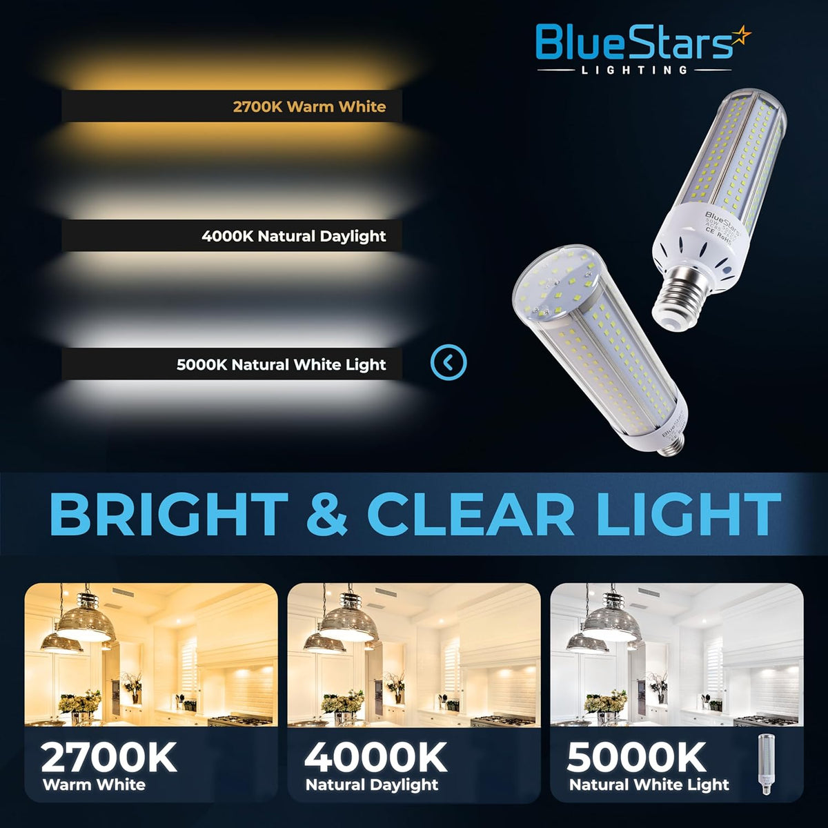 Comparison chart of 50W E26 LED corn light bulbs showing 2700K, 4000K, and 5000K color temperature options.