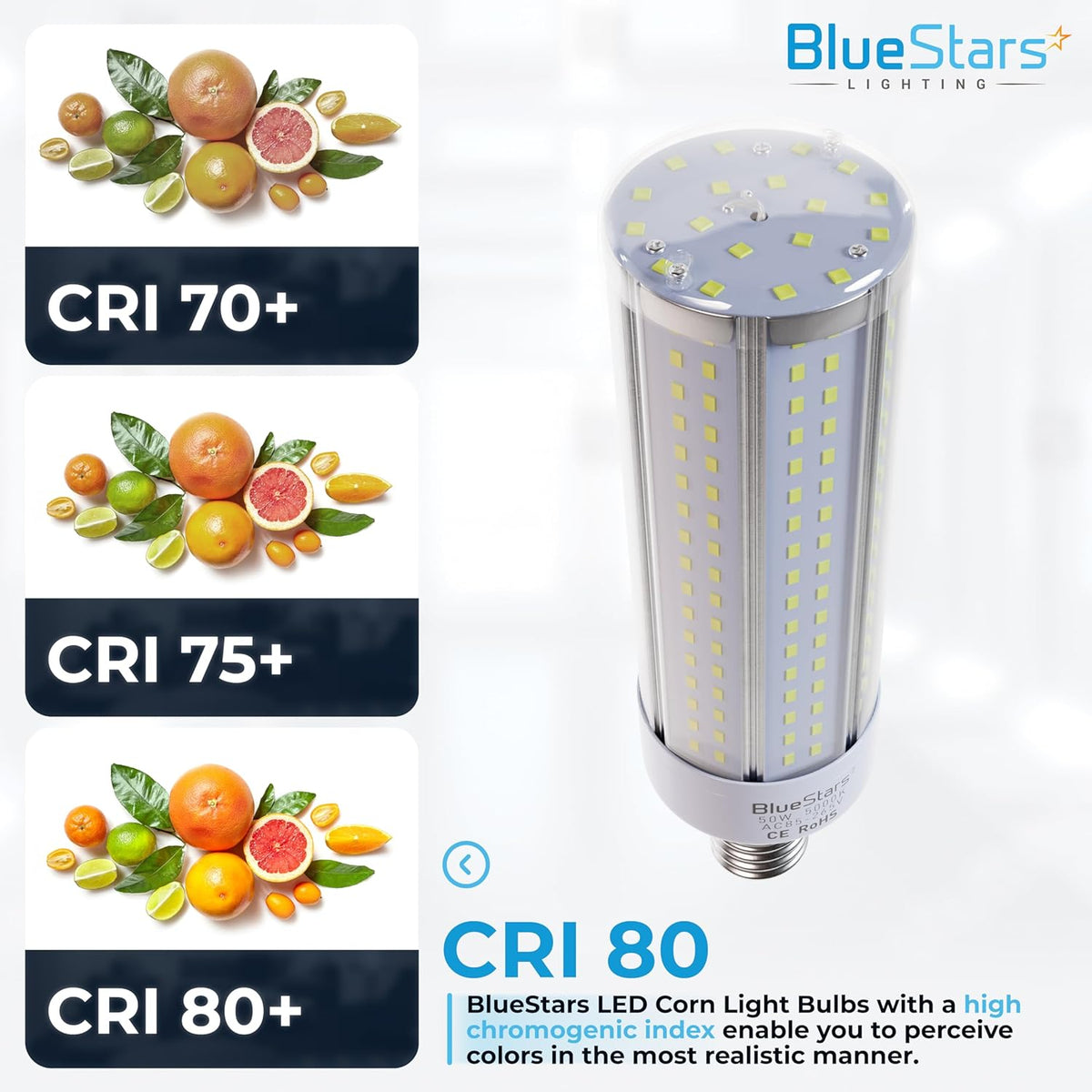 50W E26 LED corn light bulb showing CRI 80 color rendering comparison with citrus fruits.