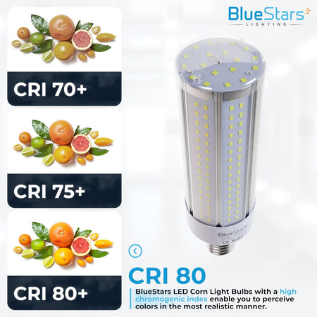 50W E26 LED corn light bulb showing CRI 80 color rendering comparison with citrus fruits.