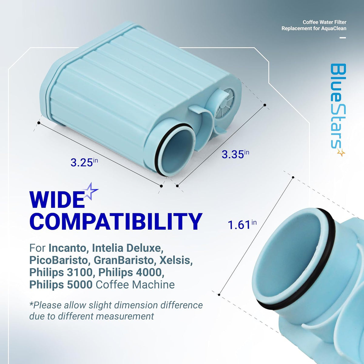 BlueStars coffee machine water filter replacement showing dimensions and compatibility for Philips Saeco AquaClean.