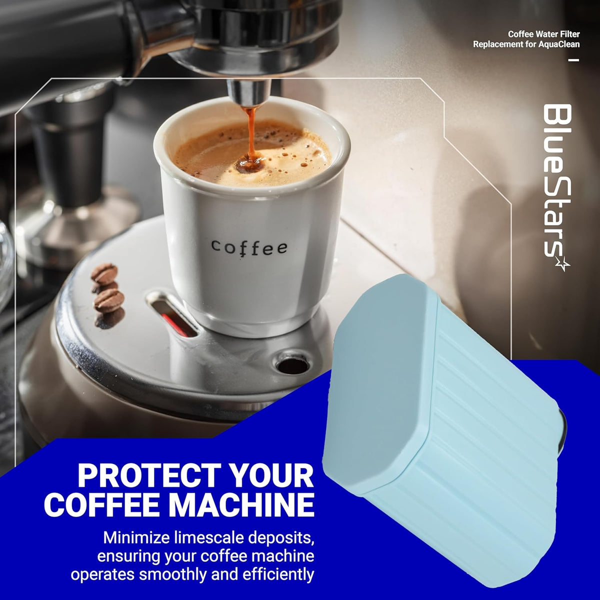 BlueStars activated carbon water filter replacement for Philips Saeco AquaClean coffee machines.
