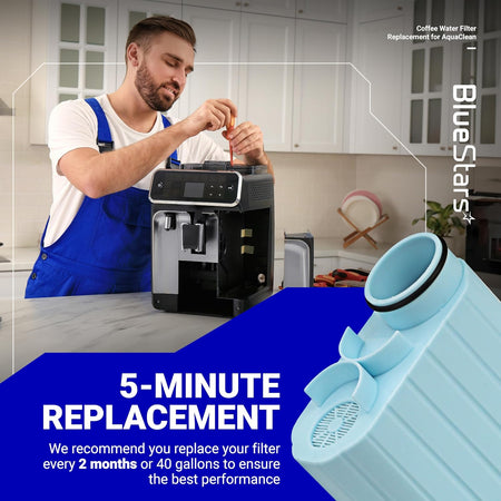 Technician installing a BlueStars coffee machine water filter compatible with Philips Saeco AquaClean CA6903.